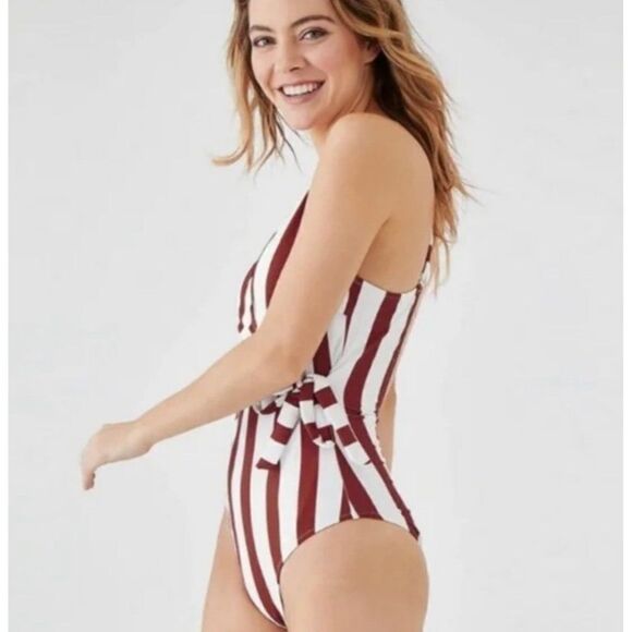 CUPSHE Rust & White Striped One-Piece Wrap Swimsuit Size XXL NWT - Picture 5 of 11